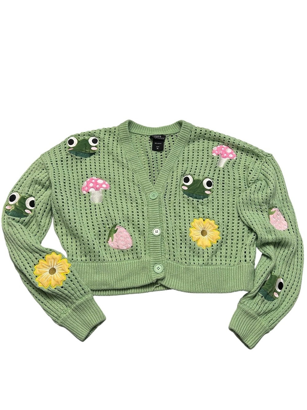 Hot Topic Thorn & Fable Frog Mushroom Flower Crop Cardigan Green XL